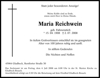 Traueranzeige von Maria Reichwein von Tageszeitung