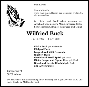 Traueranzeige von Wilfried Buck von Tageszeitung