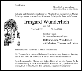 Traueranzeige von Irmgard Wunderlich von Tageszeitung
