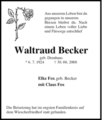 Traueranzeige von Waltraud Becker von Tageszeitung