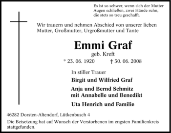 Traueranzeige von Emmi Graf von Tageszeitung