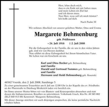 Traueranzeige von Margarete Behmenburg von Tageszeitung