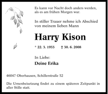 Traueranzeige von Harry Kison von Tageszeitung