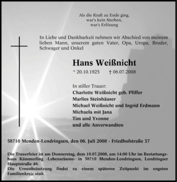 Traueranzeige von Hans Weißnicht von Tageszeitung
