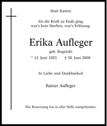 Traueranzeige von Erika Aufleger von Tageszeitung