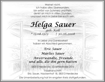 Traueranzeige von Helga Sauer von Tageszeitung