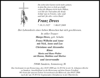 Traueranzeige von Franz Drees von Tageszeitung