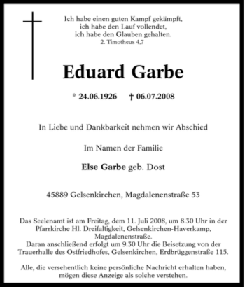 Traueranzeige von Eduard Garbe von Tageszeitung