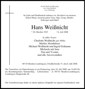 Traueranzeige von Hans Weißnicht von Tageszeitung