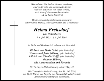 Traueranzeige von Helma Frehsdorf von Tageszeitung