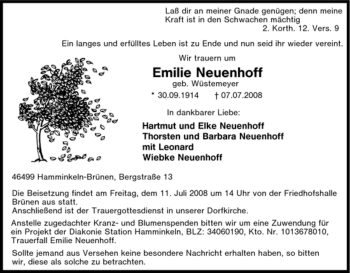 Traueranzeige von Emilie Neuenhoff von Tageszeitung