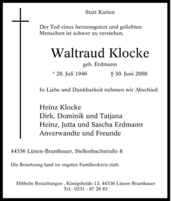 Traueranzeige von Waltraud Klocke von Tageszeitung