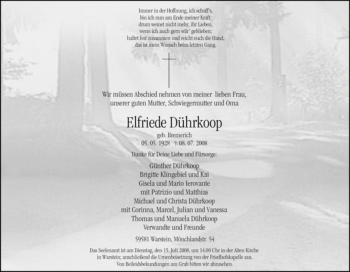 Traueranzeige von Elfriede Dührkoop von Tageszeitung