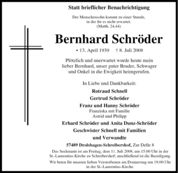 Traueranzeige von Bernhard Schröder von Tageszeitung