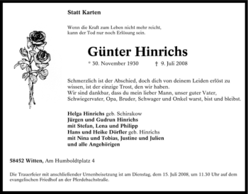 Traueranzeige von Günter Hinrichs von Tageszeitung