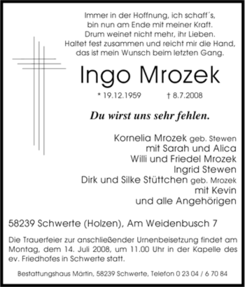Traueranzeige von Ingo Mrozek von Tageszeitung