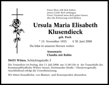 Traueranzeige von Ursula Maria Elisabeth von Tageszeitung