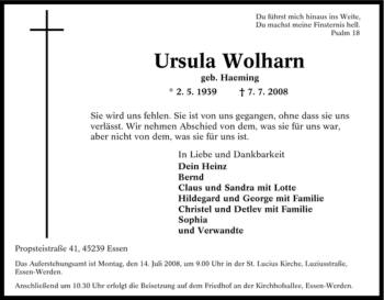 Traueranzeige von Ursula Wolharn von Tageszeitung