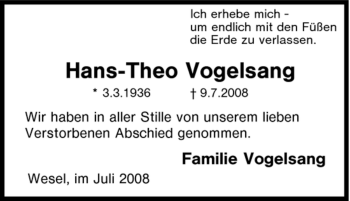 Traueranzeige von Hans-Theo Vogelsang von Tageszeitung