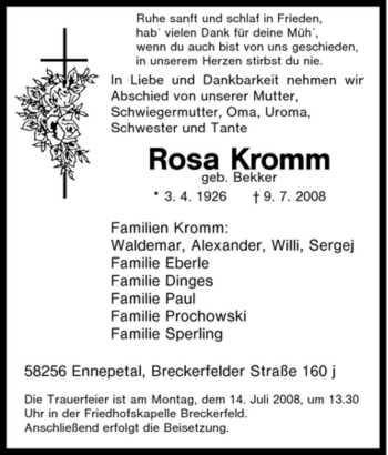 Traueranzeige von Rosa Kromm von Tageszeitung