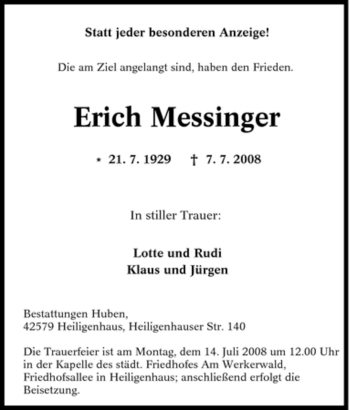 Traueranzeige von Erich Messinger von Tageszeitung