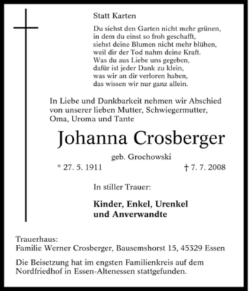 Traueranzeige von Johanna Crosberger von Tageszeitung
