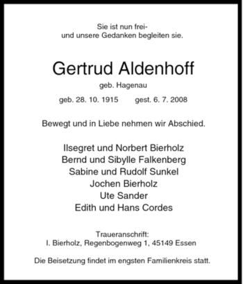 Traueranzeige von Gertrud Aldenhoff von Tageszeitung