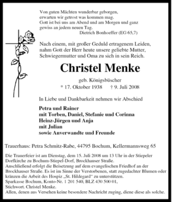 Traueranzeige von Christel Menke von Tageszeitung