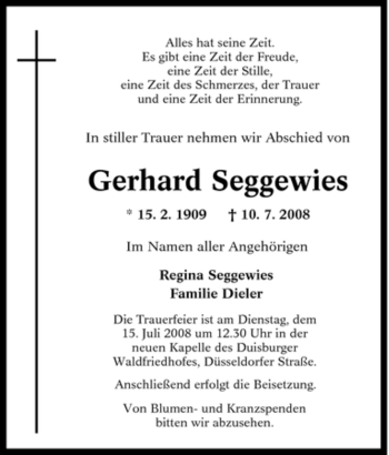 Traueranzeige von Gerhard Seggewies von Tageszeitung