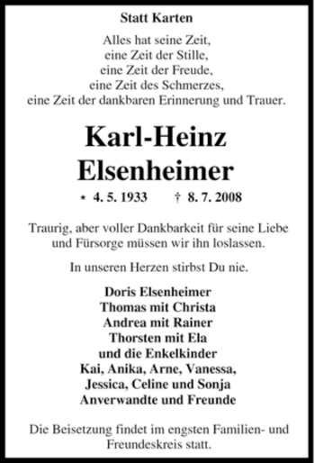 Traueranzeige von Karl-Heinz Elsenheimer von Tageszeitung