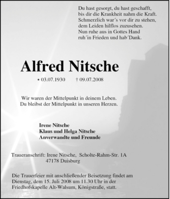 Traueranzeige von Alfred Nitsche von Tageszeitung