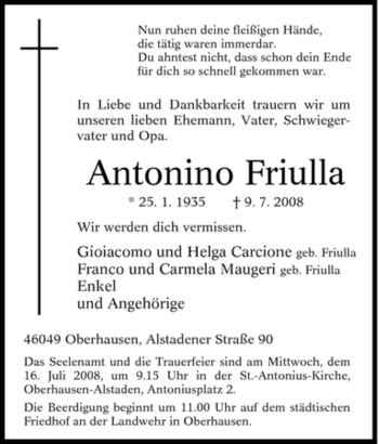 Traueranzeige von Antonino Friulla von Tageszeitung