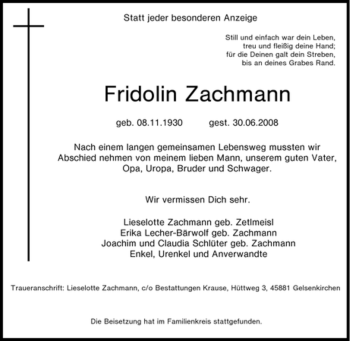Traueranzeige von Fridolin Zachmann von Tageszeitung