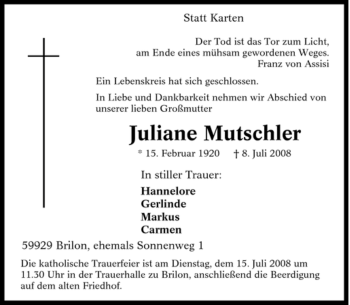 Traueranzeige von Juliane Mutschler von Tageszeitung