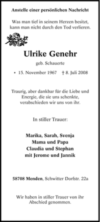 Traueranzeige von Ulrike Genehr von Tageszeitung