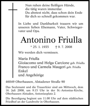 Traueranzeige von Antonino Friulla von Tageszeitung