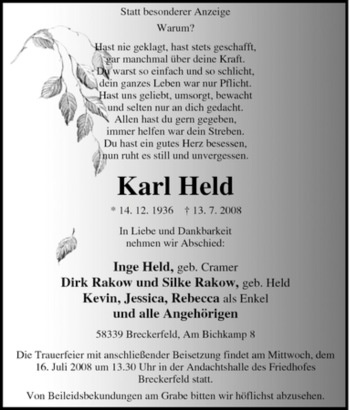 Traueranzeige von Karl Held von Tageszeitung