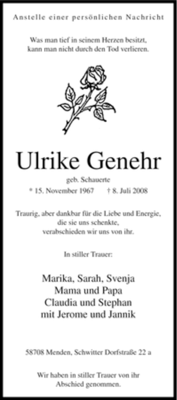 Traueranzeige von Ulrike Genehr von Tageszeitung