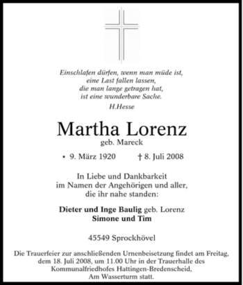 Traueranzeige von Martha Lorenz von Tageszeitung