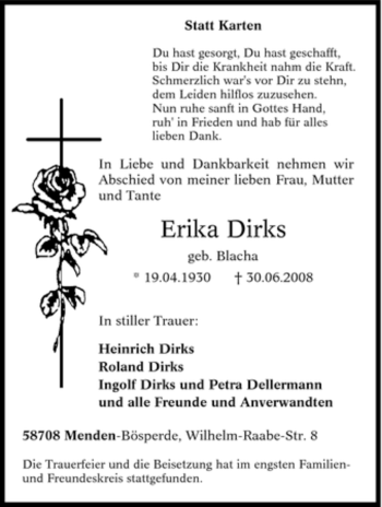 Traueranzeige von Erika Dirks von Tageszeitung