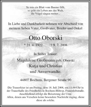 Traueranzeige von Otto Oborski von Tageszeitung