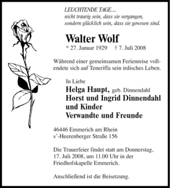 Traueranzeige von Walter Wolf von Tageszeitung