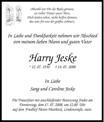 Traueranzeige von Harry Jeske von Tageszeitung