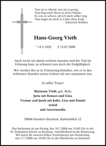 Traueranzeige von Hans-Georg Vieth von Tageszeitung