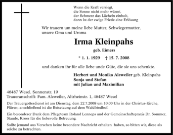 Traueranzeige von Irma Kleinpahs von Tageszeitung