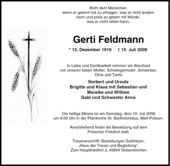 Traueranzeige von Gerti Feldmann von Tageszeitung