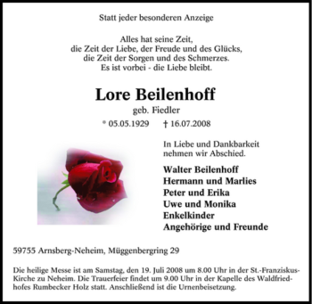 Traueranzeige von Lore Beilenhoff von Tageszeitung