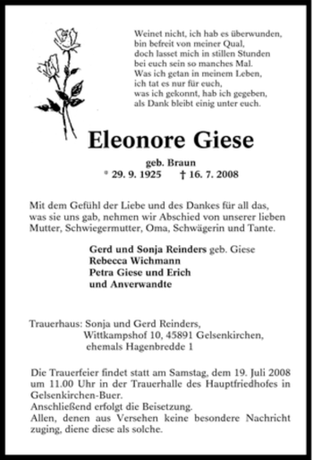 Traueranzeige von Eleonore Giese von Tageszeitung