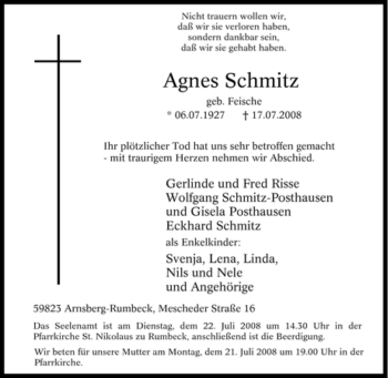 Traueranzeige von Agnes Schmitz von Tageszeitung