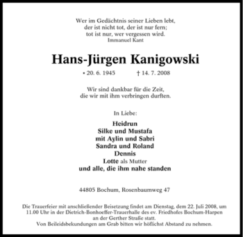 Traueranzeige von Hans-Jürgen Kanigowski von Tageszeitung